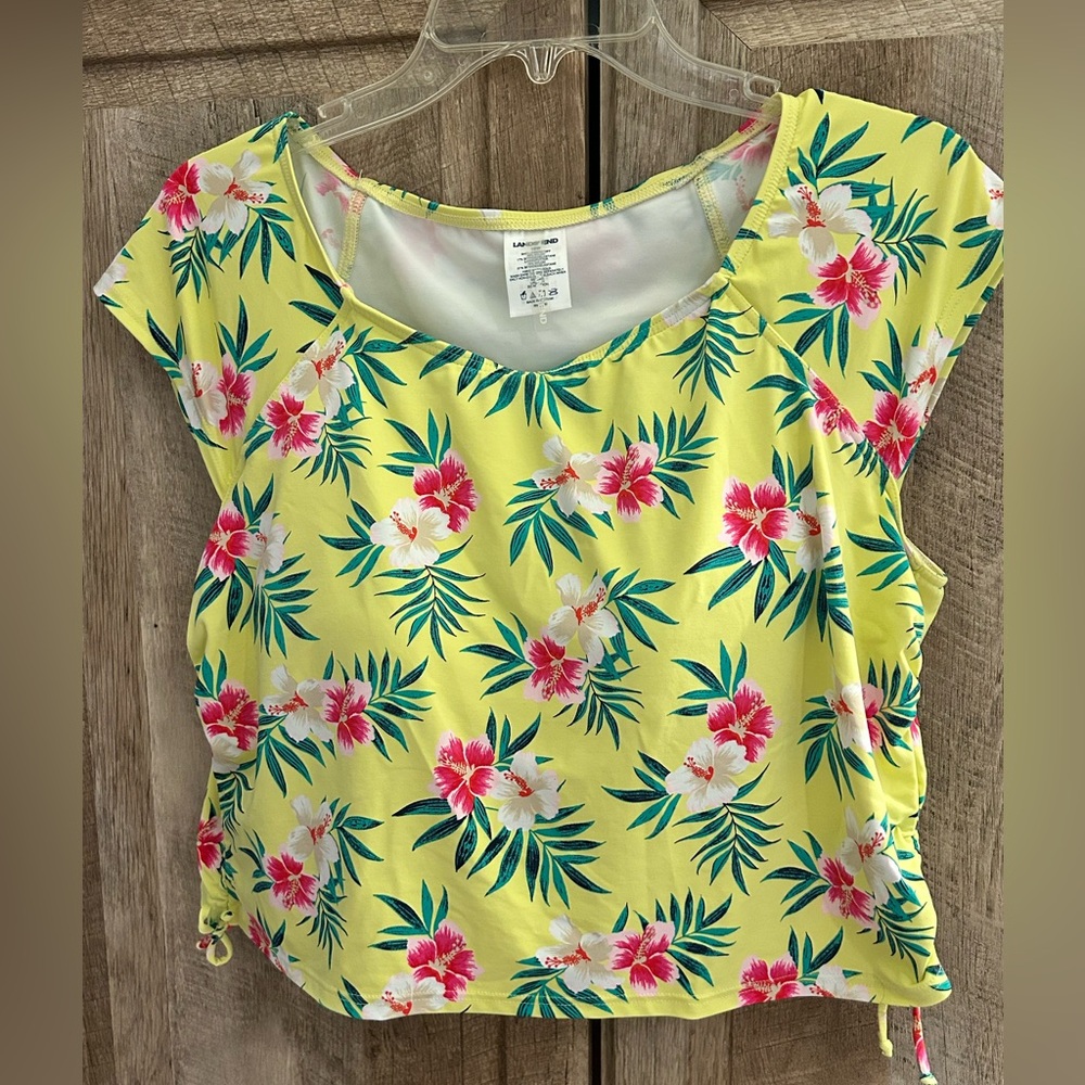 Lands' End 16W Hibiscus Yellow Pink Floral swim top Tankini adjustable padded